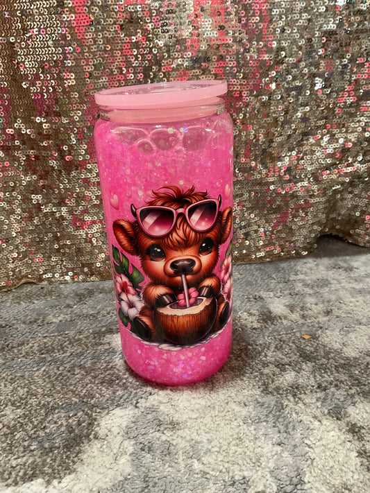 Baby Highland Cow Pink Chunky Glitter Snowglobe Tumbler