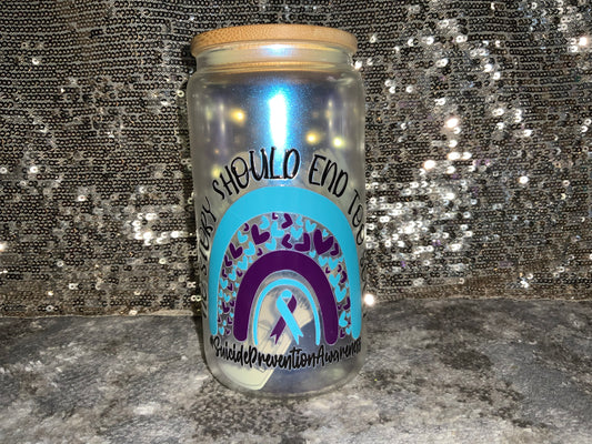 No Story Should End Too Soon (suicide awareness) -Rainbow Shimmer Colorful Haze Glass Tumbler (Blue)