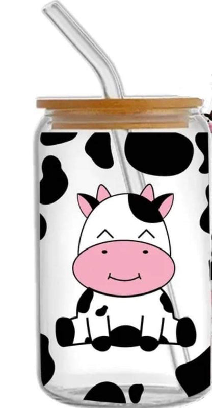 Cow with Cow Print -Clear 16oz Glass Tumbler