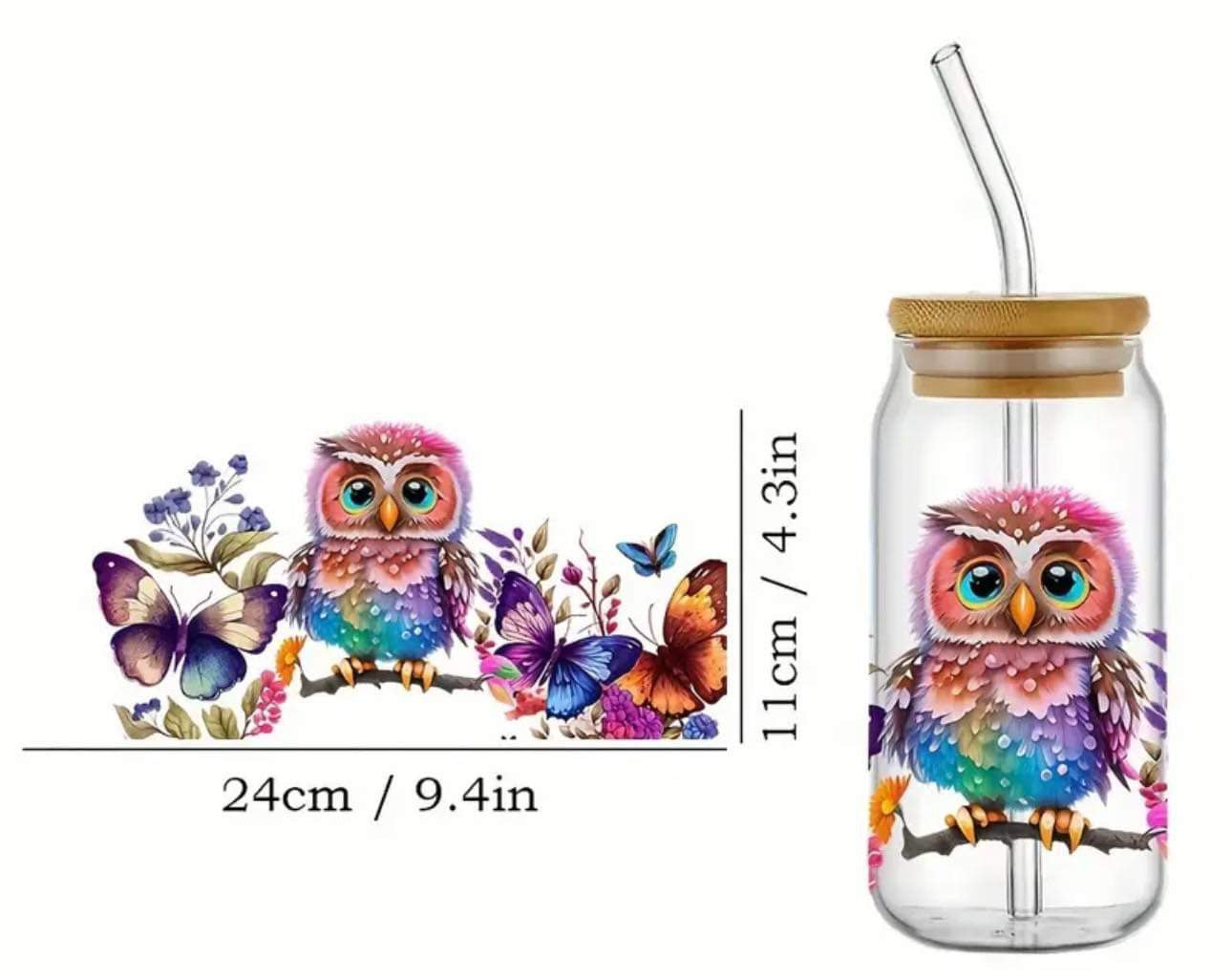 Vibrant Owl on Branch with Butterflies -Clear 16oz Glass Tumbler