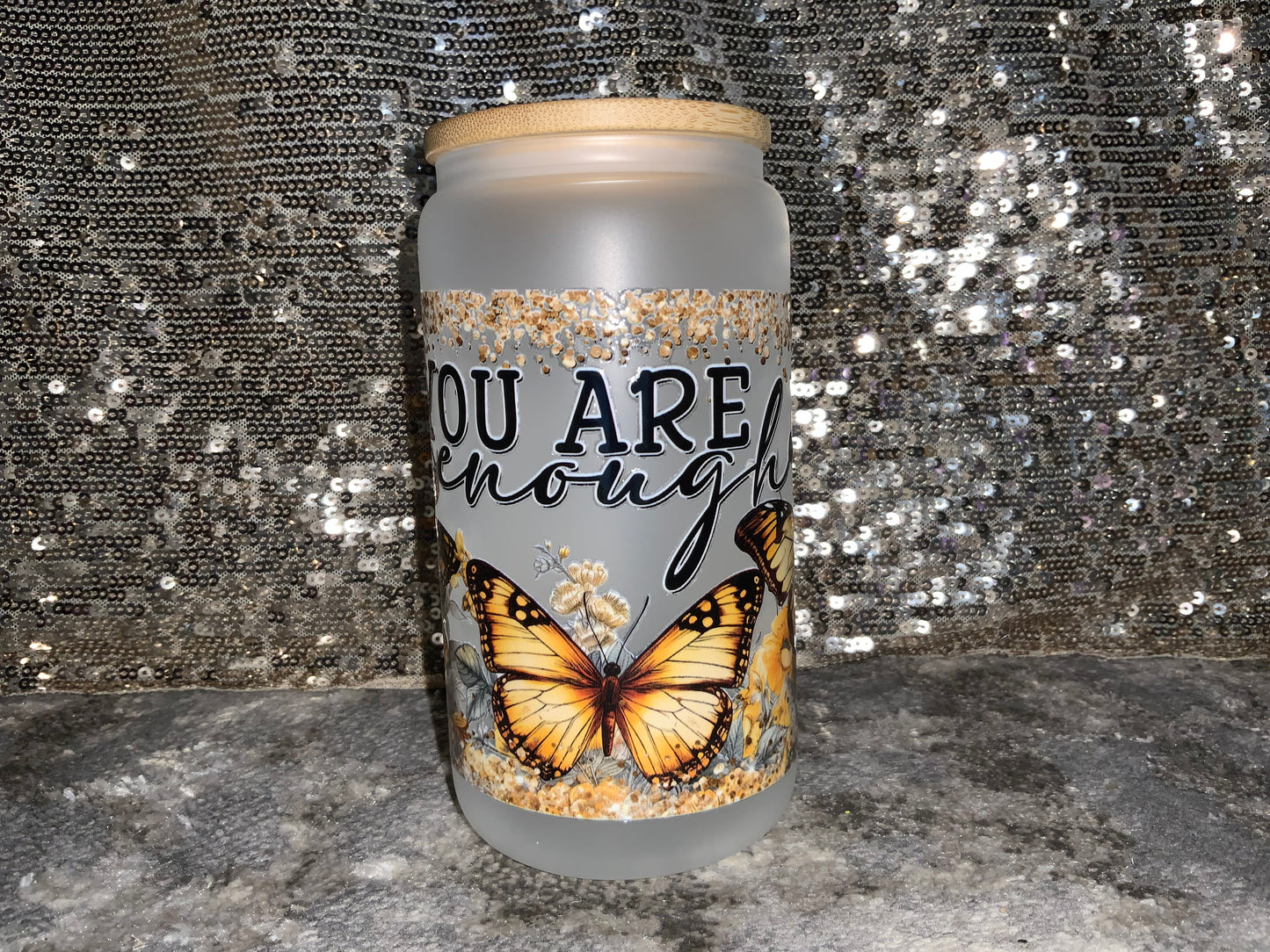 You Are enough Yellow Butterfly Floral-Frosted 16oz Glass Tumbler