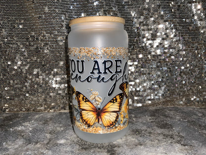 You Are enough Yellow Butterfly Floral-Frosted 16oz Glass Tumbler