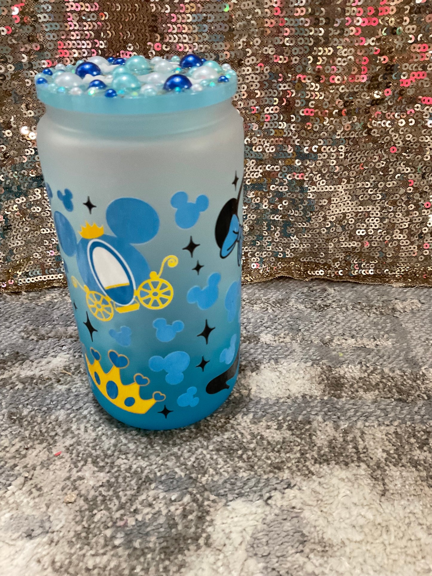 Minnie Mouse Princess Themed Blue Frosted 16oz Glass Tumbler with decorative lid topper