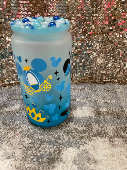 Minnie Mouse Princess Themed Blue Frosted 16oz Glass Tumbler with decorative lid topper