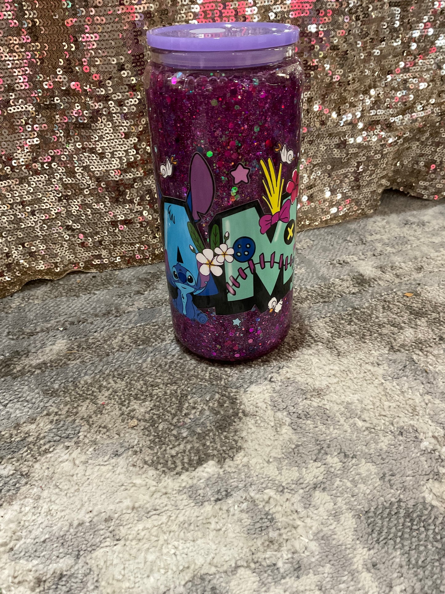 Mama Stitch Chunky Purple Glitter Snowglobe Tumbler