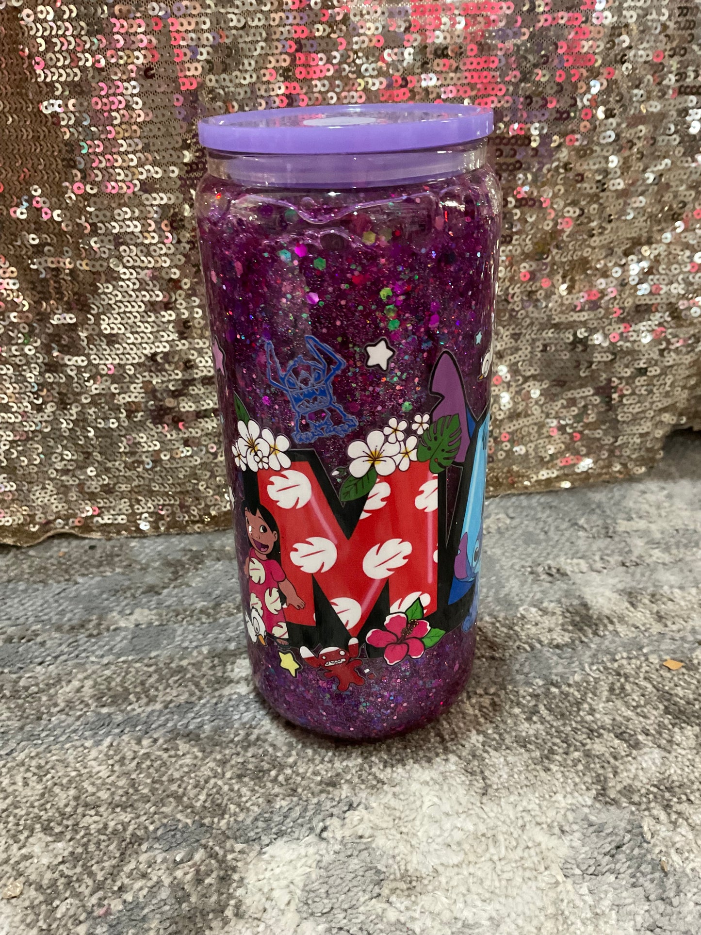 Mama Stitch Chunky Purple Glitter Snowglobe Tumbler