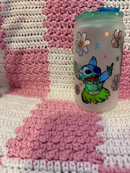 Lilo and stitch 16 oz Frosted Glass Cup with Holographic Design and decorative lid topper ￼