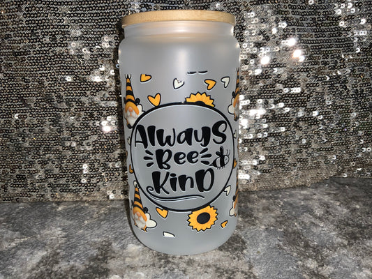 Always Bee Kind Gnomes-Sunflower-Bee-Frosted 16oz Glass Tumbler