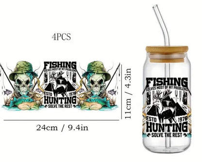 FISHING SOLVES MOST OF MY PROBLEMS ESTD 1976 HUNTING SOLVES THE REST -Rainbow Shimmer Colorful Haze Glass Tumbler (Green)