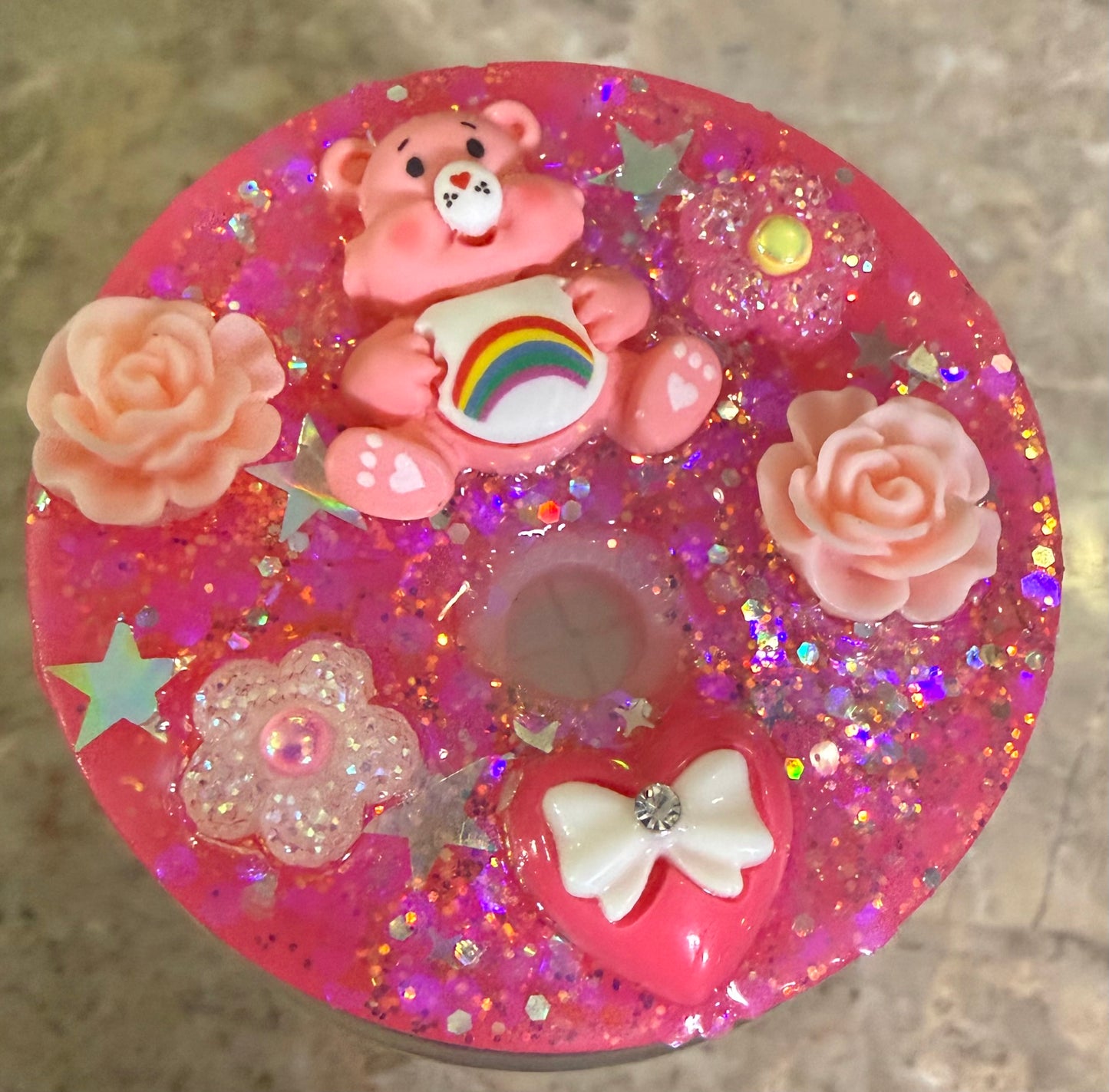 Care Bear Inspired 16 oz Pink Glass Cup with Holographic Design with decorative lid topper