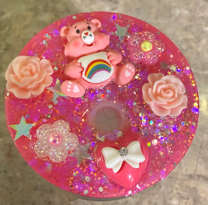 Care Bear Inspired 16 oz Pink Glass Cup with Holographic Design with decorative lid topper