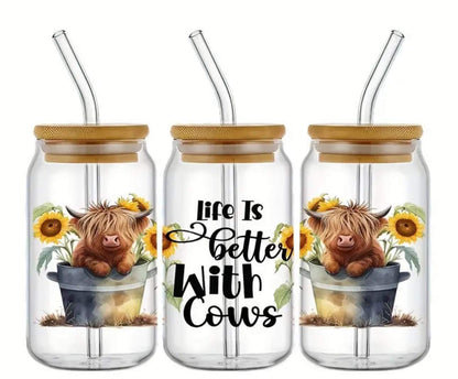 Life Is better with Cows Highland Cow Sunflower-Frosted 16oz Glass Tumbler