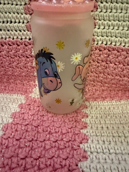 Winnie the Pooh Characters 16 oz Frosted Glass Cup with Holographic Design and decorative lid topper