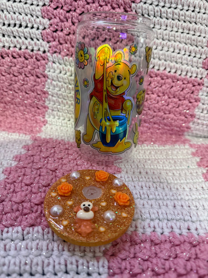 Winnie the Pooh Friends Forever 16 oz Glass Cup with Holographic Design with decorative lid topper