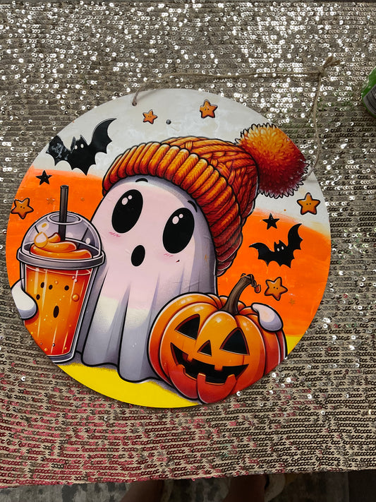 Bougie ghost with coffee, pumpkin, bats, beanie, hat, candy corn color, backing Door Sign