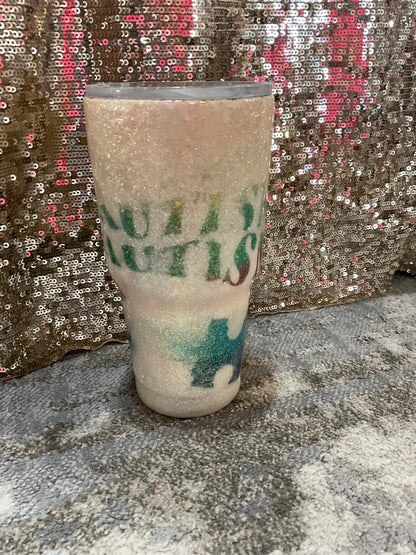 Autism Awareness White Peak a boo Rainbow Glitter Resin Tumbler