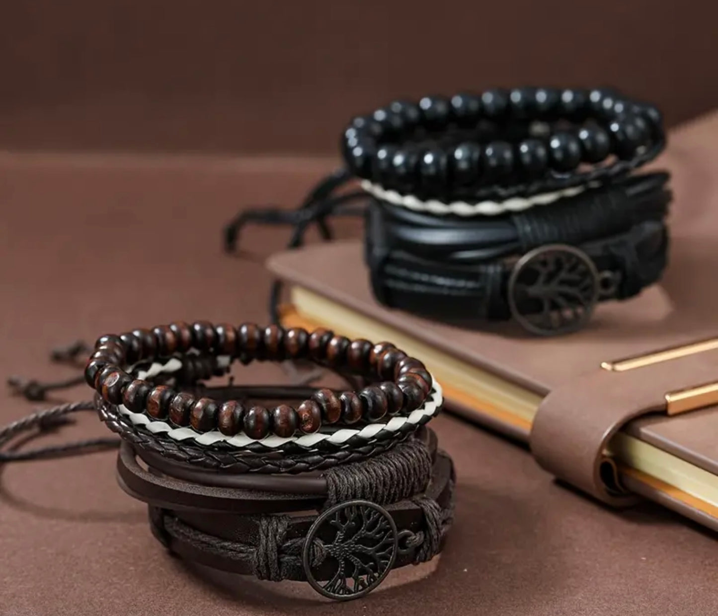 4 pcs/Set Braided Wrap Leather- Vintage,Life Tree, Rudder Charm, Wood Beads Wrist Black Brown- Men’s or Women’s