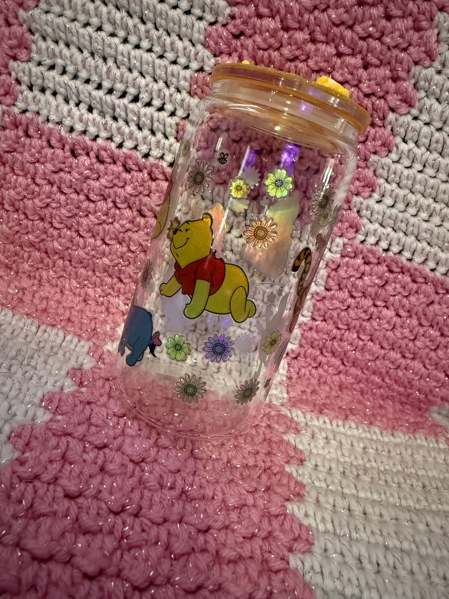 Winnie the Pooh Character Themed 16 oz Glass Cup with Holographic Design with decorative lid topper