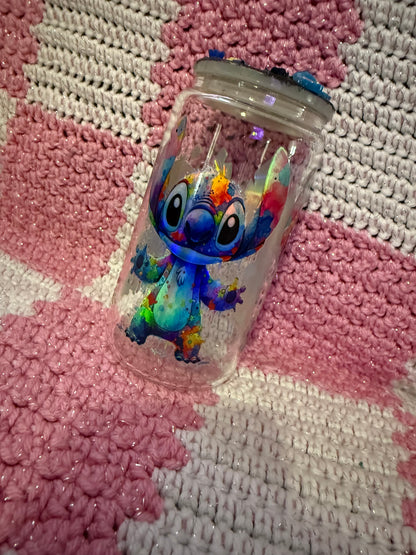 Stitch splatter paint 16 oz Glass Cup with Holographic Design with decorative lid topper