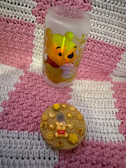 Winnie the Pooh 16 oz Frosted Glass￼ Cup with Holographic Design and decorative lid topper