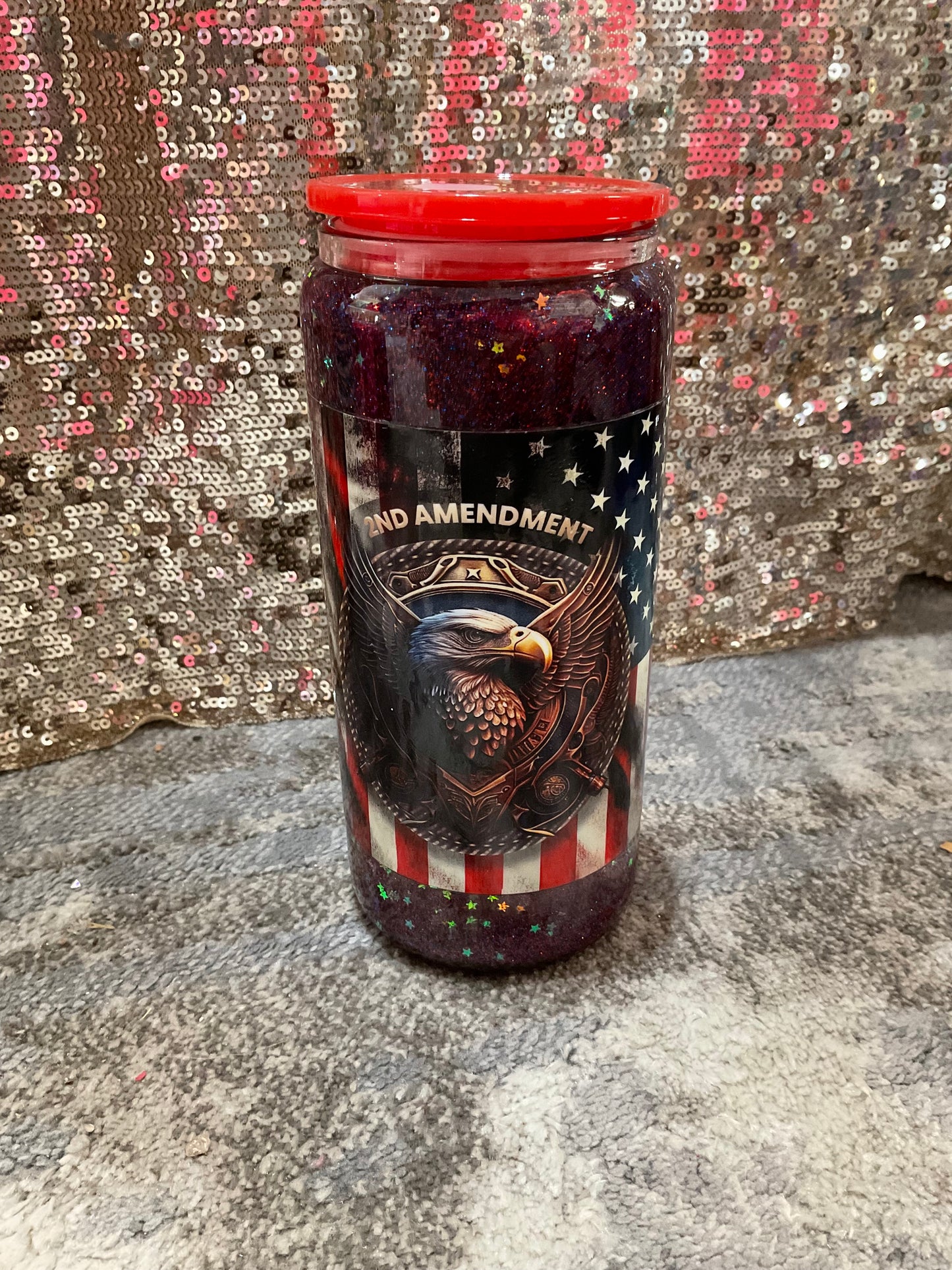 2nd Amendment bullets and Eagles, red lid red blue, and stars Glitter Snowglobe Tumbler