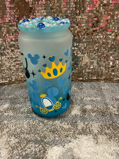 Minnie Mouse Princess Themed Blue Frosted 16oz Glass Tumbler with decorative lid topper