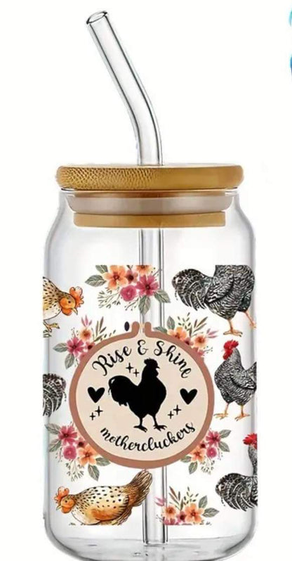 Rise and Shine mothercluckers-Frosted 16oz Glass Tumbler