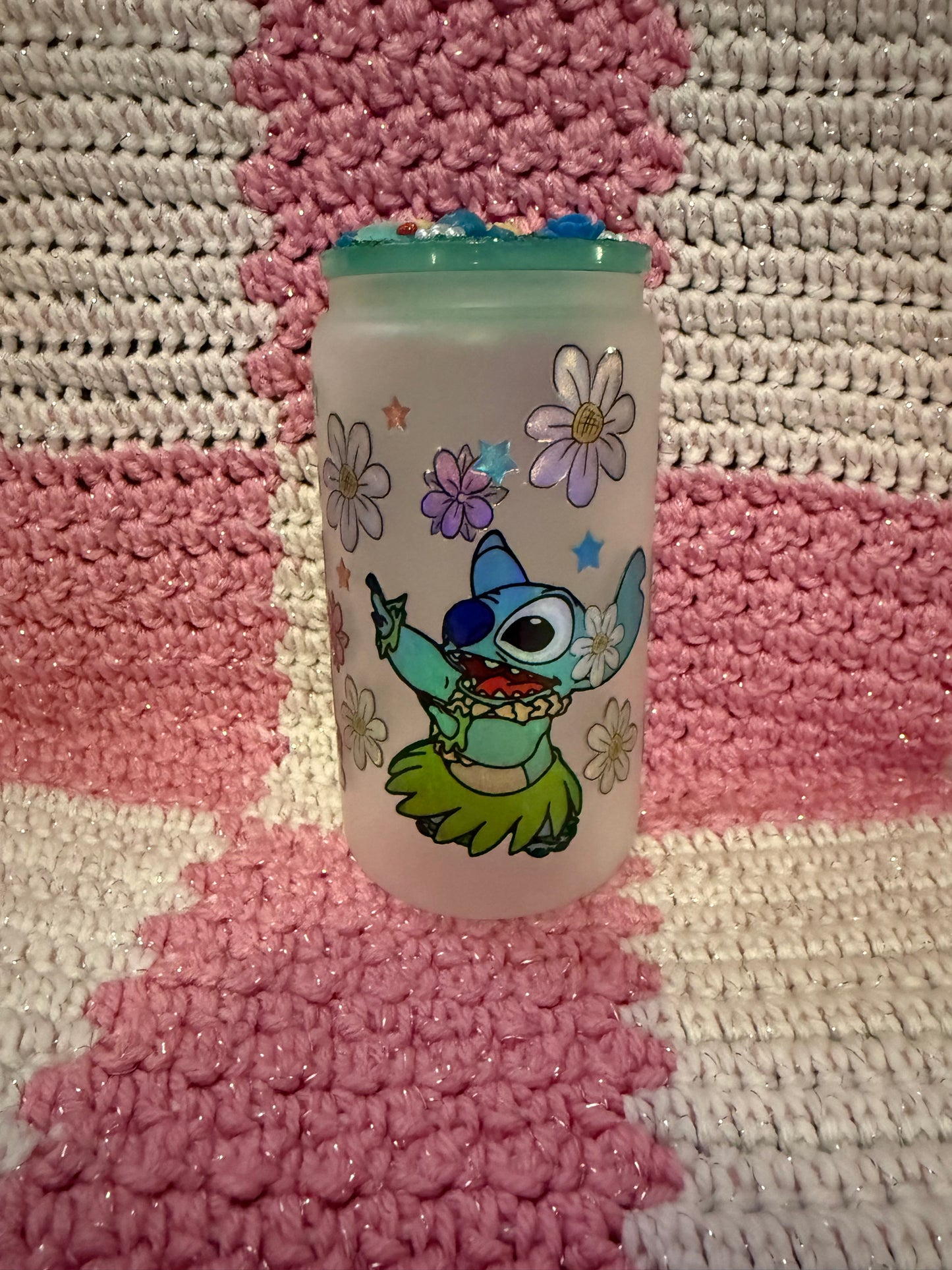 Lilo and stitch 16 oz Frosted Glass Cup with Holographic Design and decorative lid topper ￼