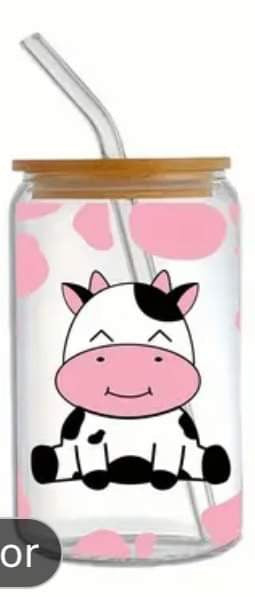 Cow with Pink Cow Print-Frosted 16oz Glass Tumbler