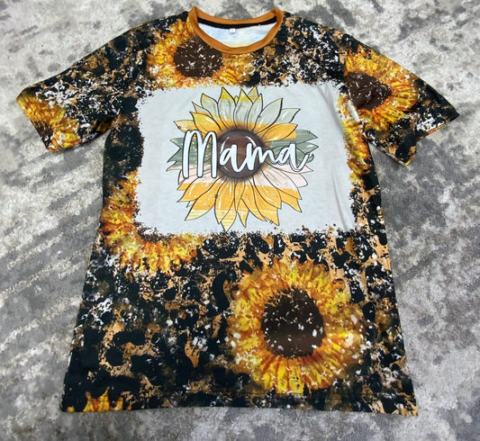 Mama Sunflower Stripes Design- Cheetah-Sunflower-Bleached T-shirt