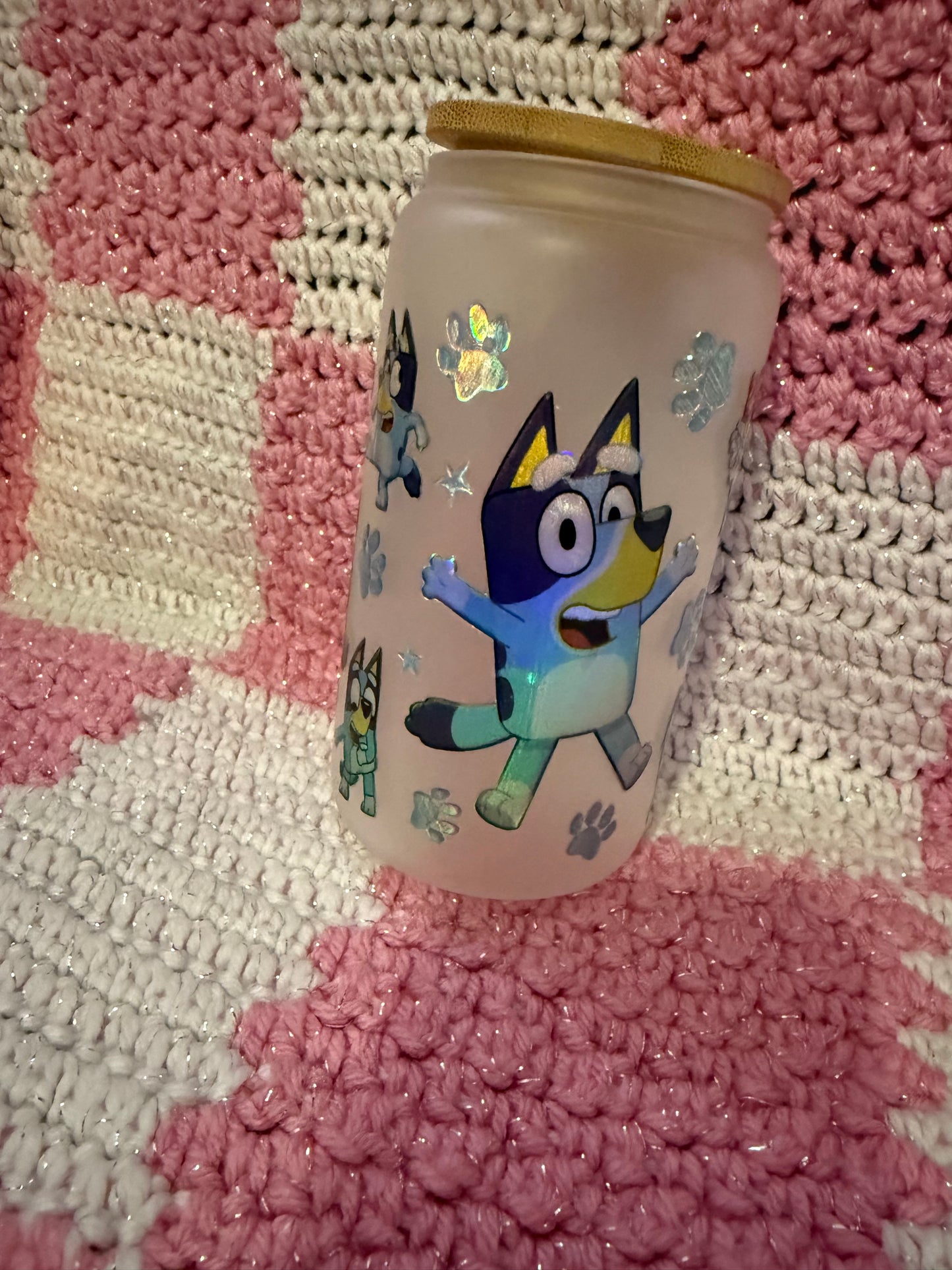 Bluey 16 oz Frosted Glass Cup with Holographic Design