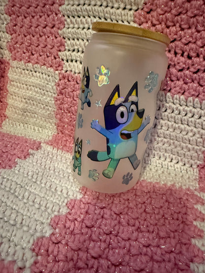 Bluey 16 oz Frosted Glass Cup with Holographic Design