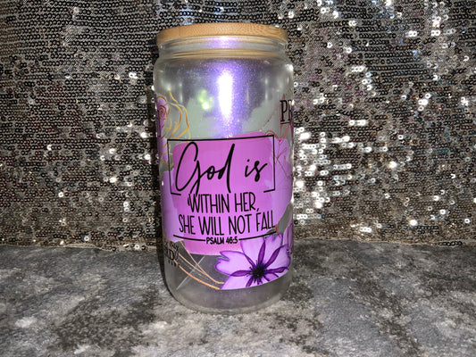 God is WITHIN HER SHE WILL NOT FAIL PSALMS 46:5-Rainbow Shimmer Colorful Haze Glass Tumbler (Purple)