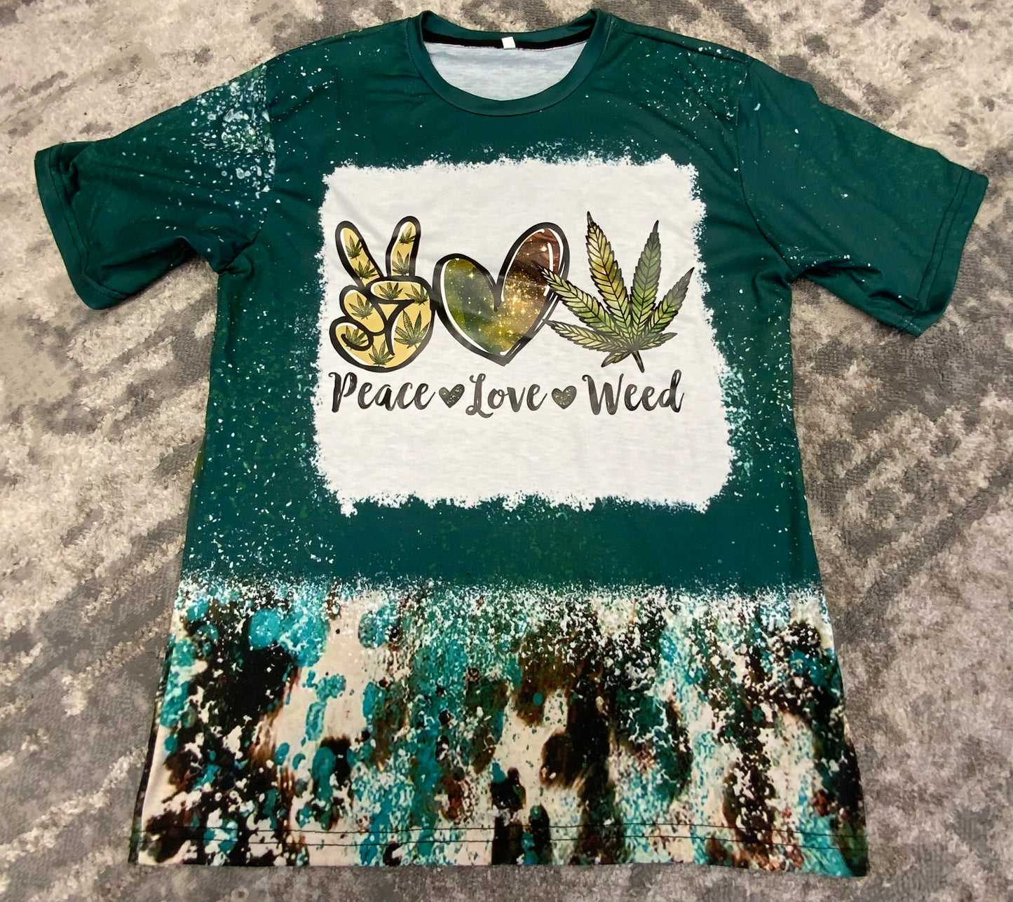 PEACE-LOVE-WEED-Cow Print Teal Splatter GREEN Bleached T-shirt