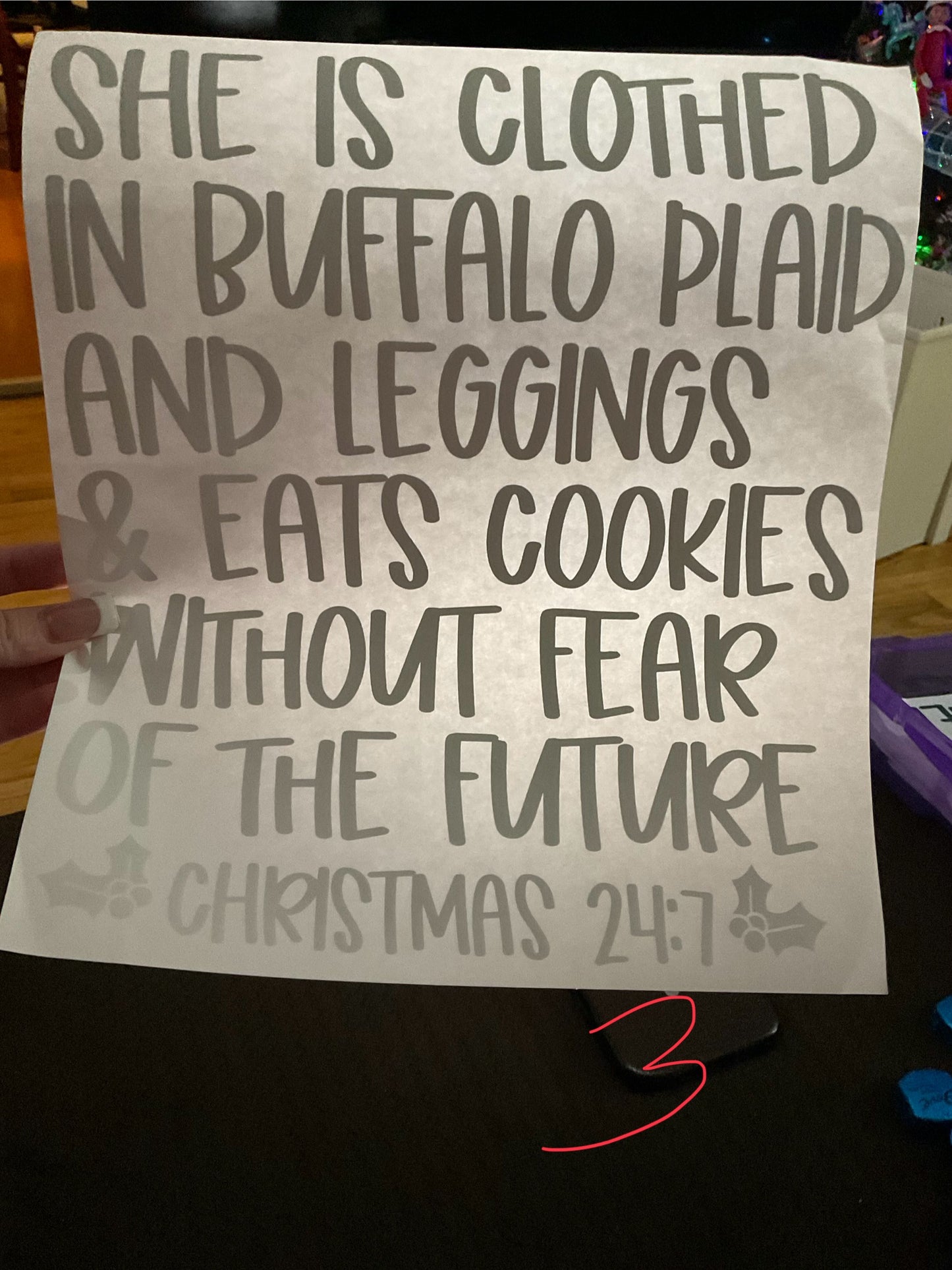 SHE IS IN BUFFALO PLAID AND LEGGINGS AND EAT COOKIES WITHOUT FEAR OF THE FUTURE CHRISTMAS 24:7Christmas DTF print