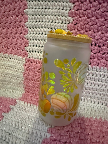 Winnie the Pooh 16 oz Frosted Glass￼ Cup with Holographic Design and decorative lid topper