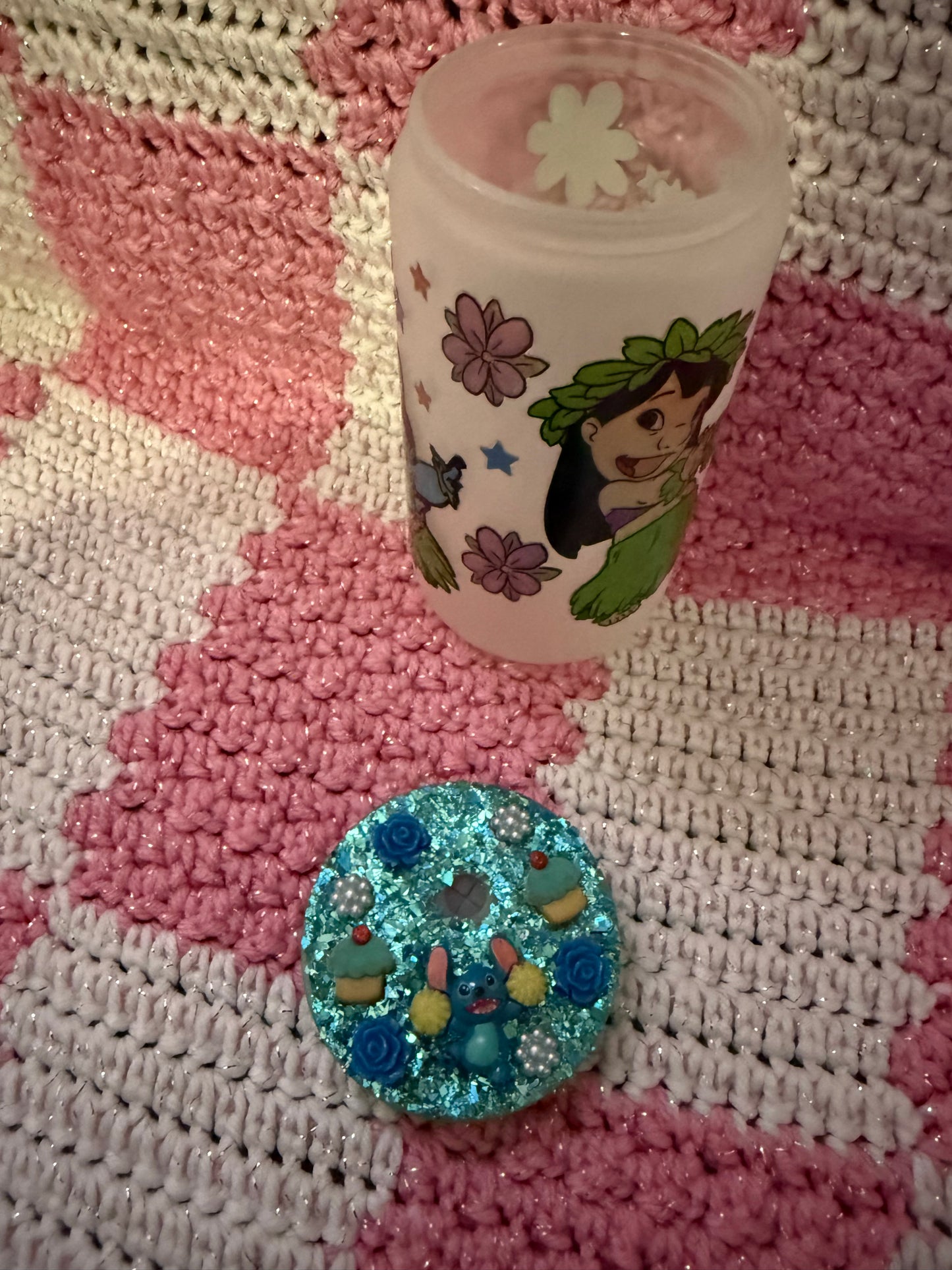 Lilo and stitch 16 oz Frosted Glass Cup with Holographic Design and decorative lid topper ￼