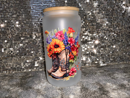 Try that in a Small Town-Highland Cow Western Floral Boots-Frosted 16oz Glass Tumbler