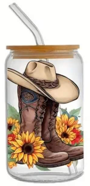 Western Cowgirl Hat and Boots Floral -Rainbow Shimmer Colorful Haze Glass Tumbler (Green)