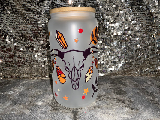 Western Bull Skull -Frosted 16oz Glass Tumbler