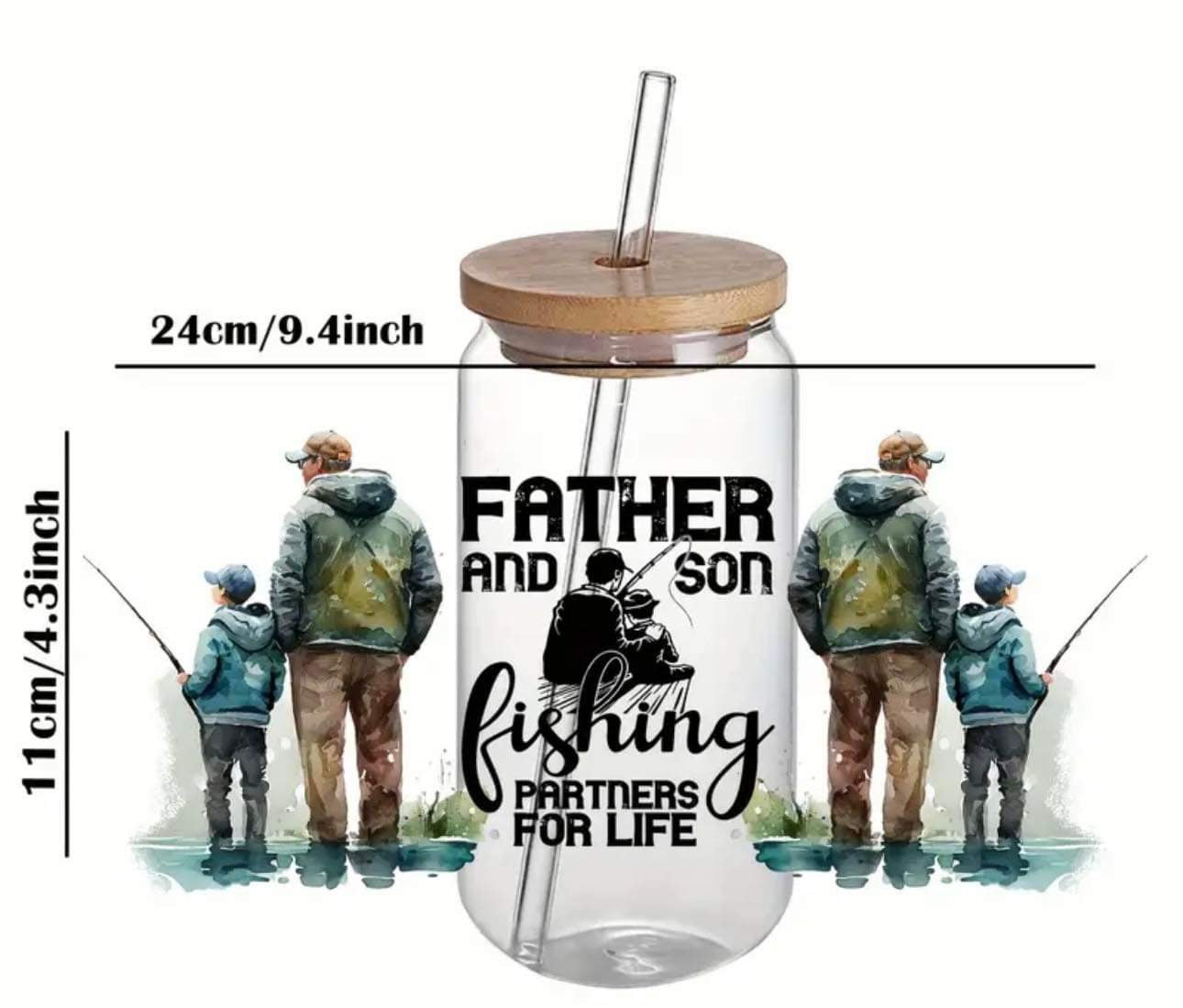 FATHER AND SON fishing PARTNERS FOR LIFE Print -Rainbow Shimmer Colorful Haze Glass Tumbler (Green)