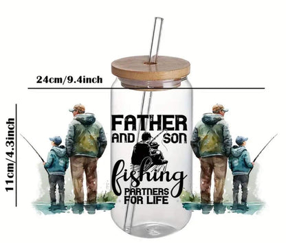 FATHER AND SON fishing PARTNERS FOR LIFE Print -Rainbow Shimmer Colorful Haze Glass Tumbler (Green)