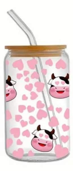 Cow Heads with Pink Heart Cow Print-Frosted 16oz Glass Tumbler