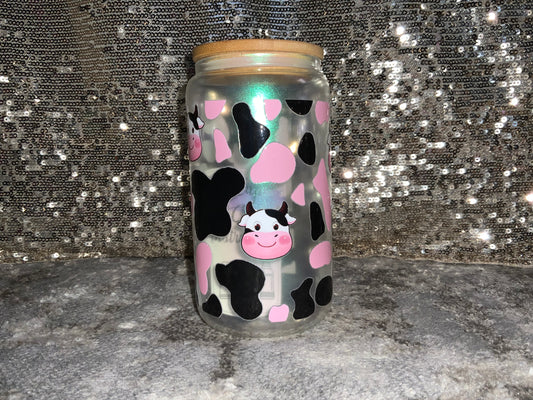 Cute Cows with Pink and Black Cow Print -Rainbow Shimmer Colorful Haze Glass Tumbler (Green)