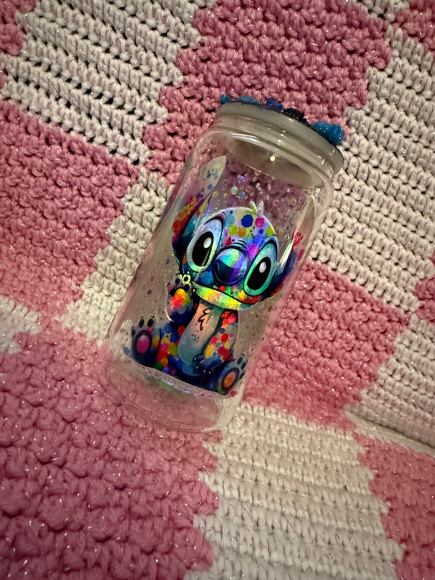 Stitch splatter paint 16 oz Glass Cup with Holographic Design with decorative lid topper
