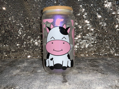 Cute Cow with Pink Cow Print-Rainbow Shimmer Colorful Haze Glass Tumbler (Purple)