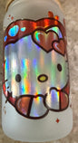 Hello Kitty 16 oz Frosted Glass Cup with Holographic Design with decorative lid topper