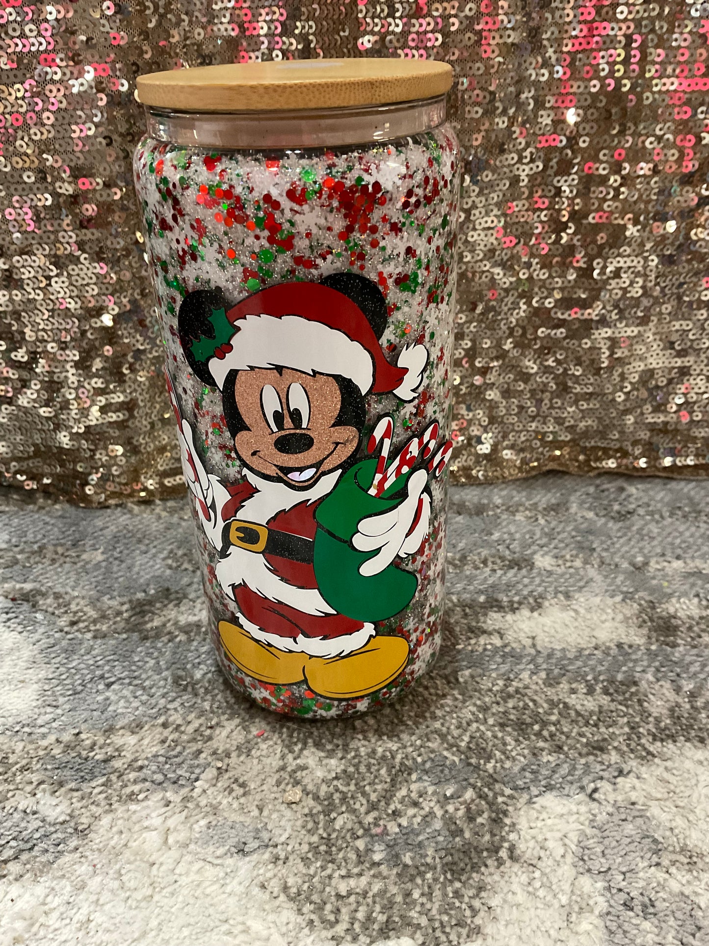 Mickey and Minnie Christmas, snowflake, red and green Glitter Snowglobe Tumbler
