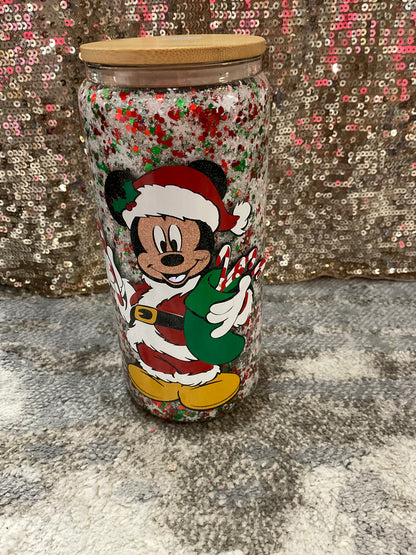 Mickey and Minnie Christmas, snowflake, red and green Glitter Snowglobe Tumbler