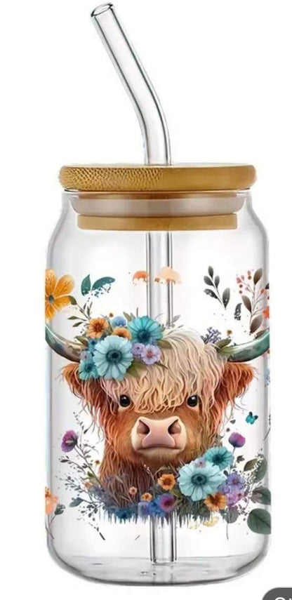 Cute Floral Highland Cow -Clear 16oz Glass Tumbler